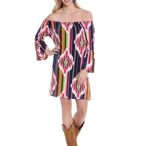 R Rouge off shoulder aztec navy/pink western dress